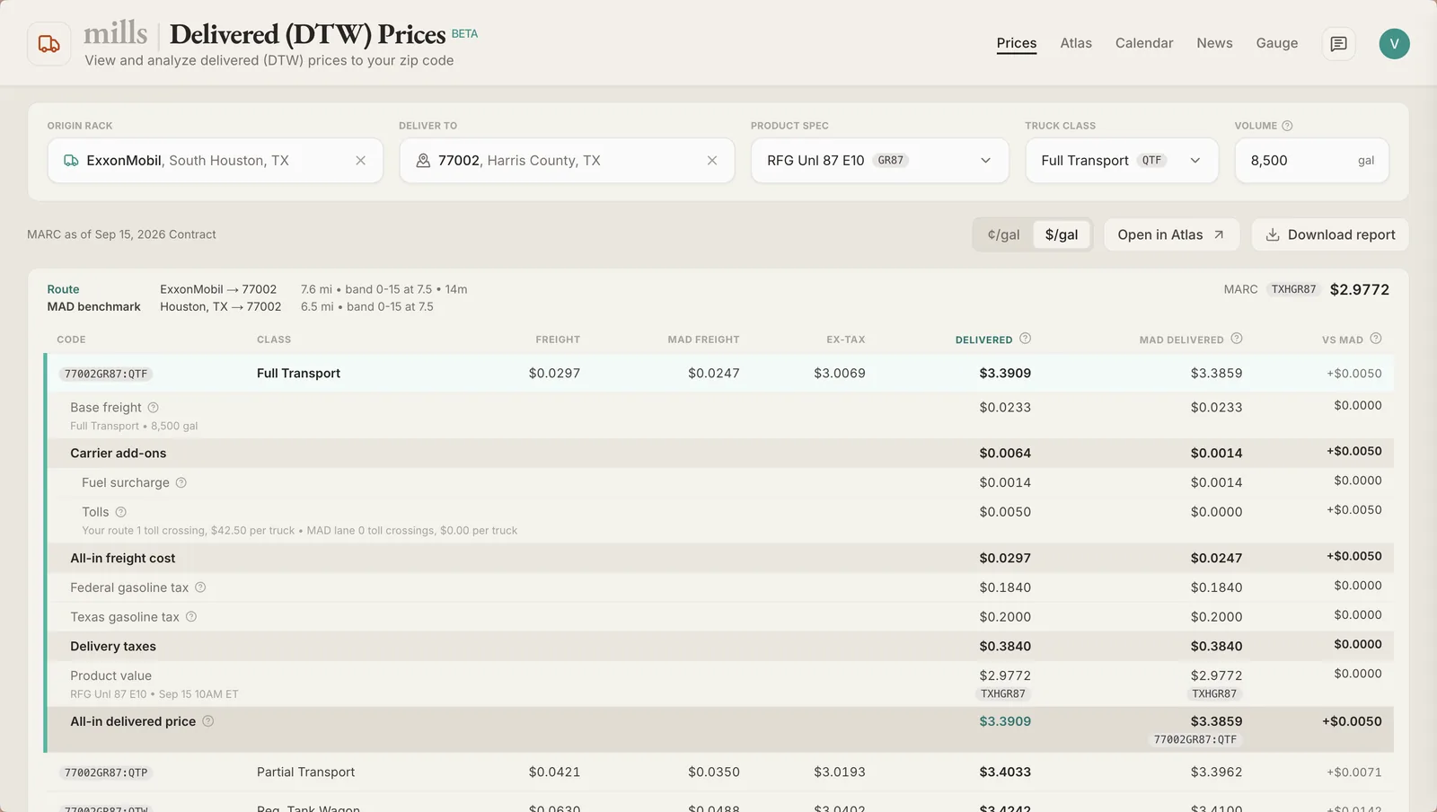 Mills Delivered (DTW) Price Calculator on Mills Platform