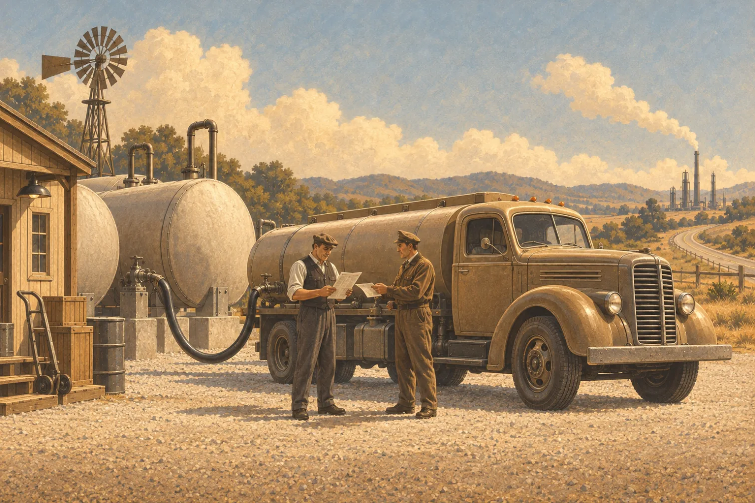 A tank truck at a rural fuel depot, the art of the Mills Assessed Delivered Prices launch