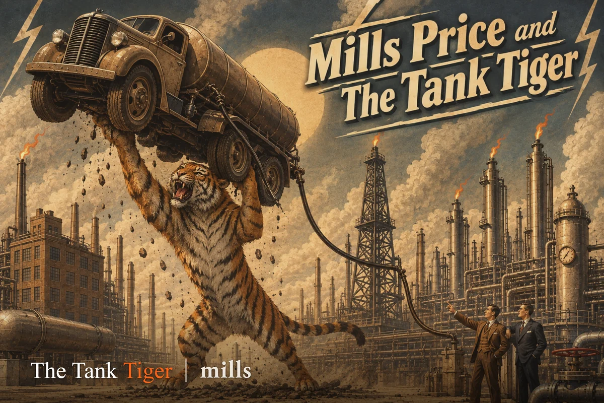 Illustration of a tiger lifting a fuel tank truck above a refinery, titled Mills Price and The Tank Tiger, with The Tank Tiger and Mills logos