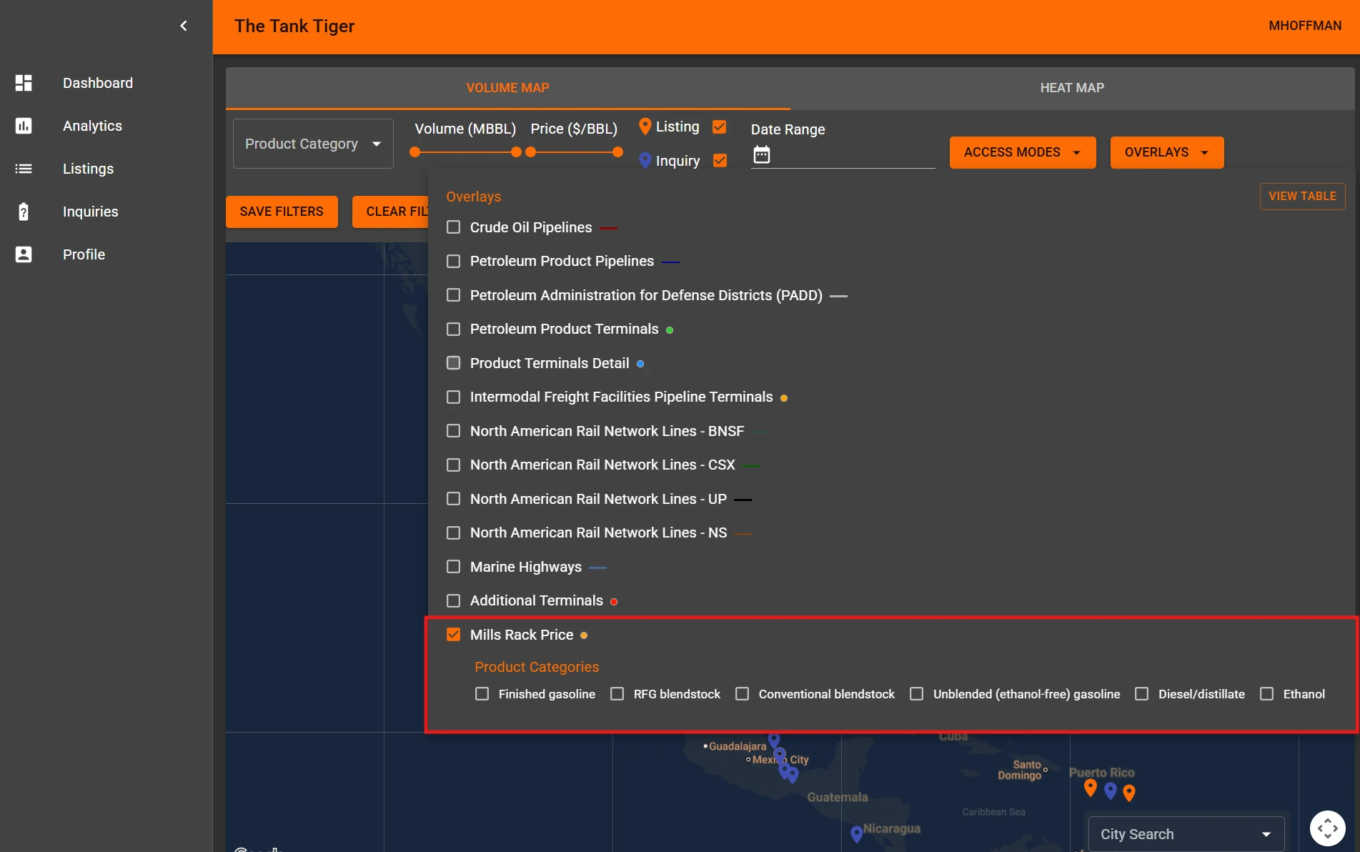 My Tank Tiger overlays menu with the Mills Rack Price layer turned on and its product categories