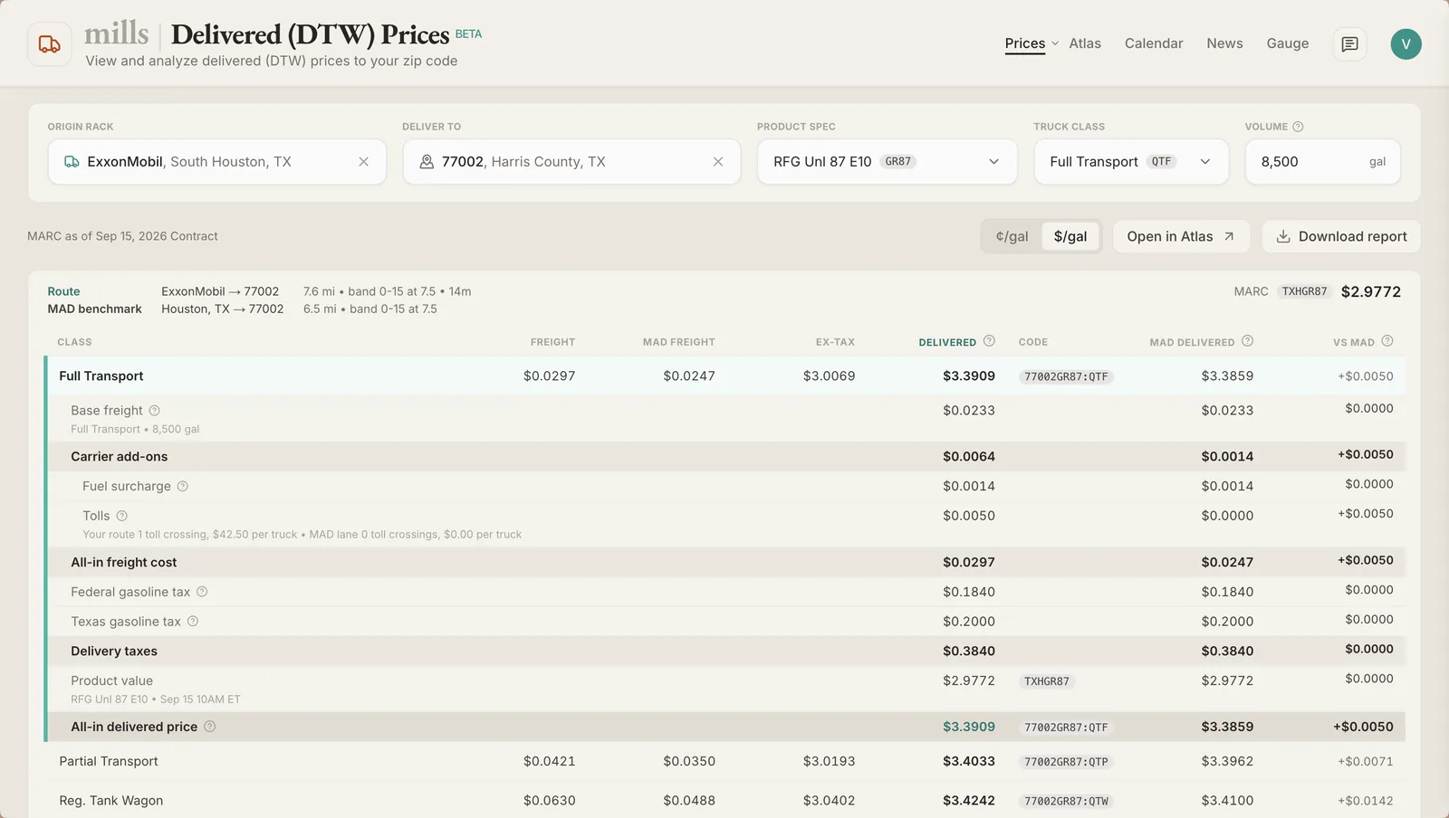 Mills Delivered (DTW) Price Calculator on Mills Platform