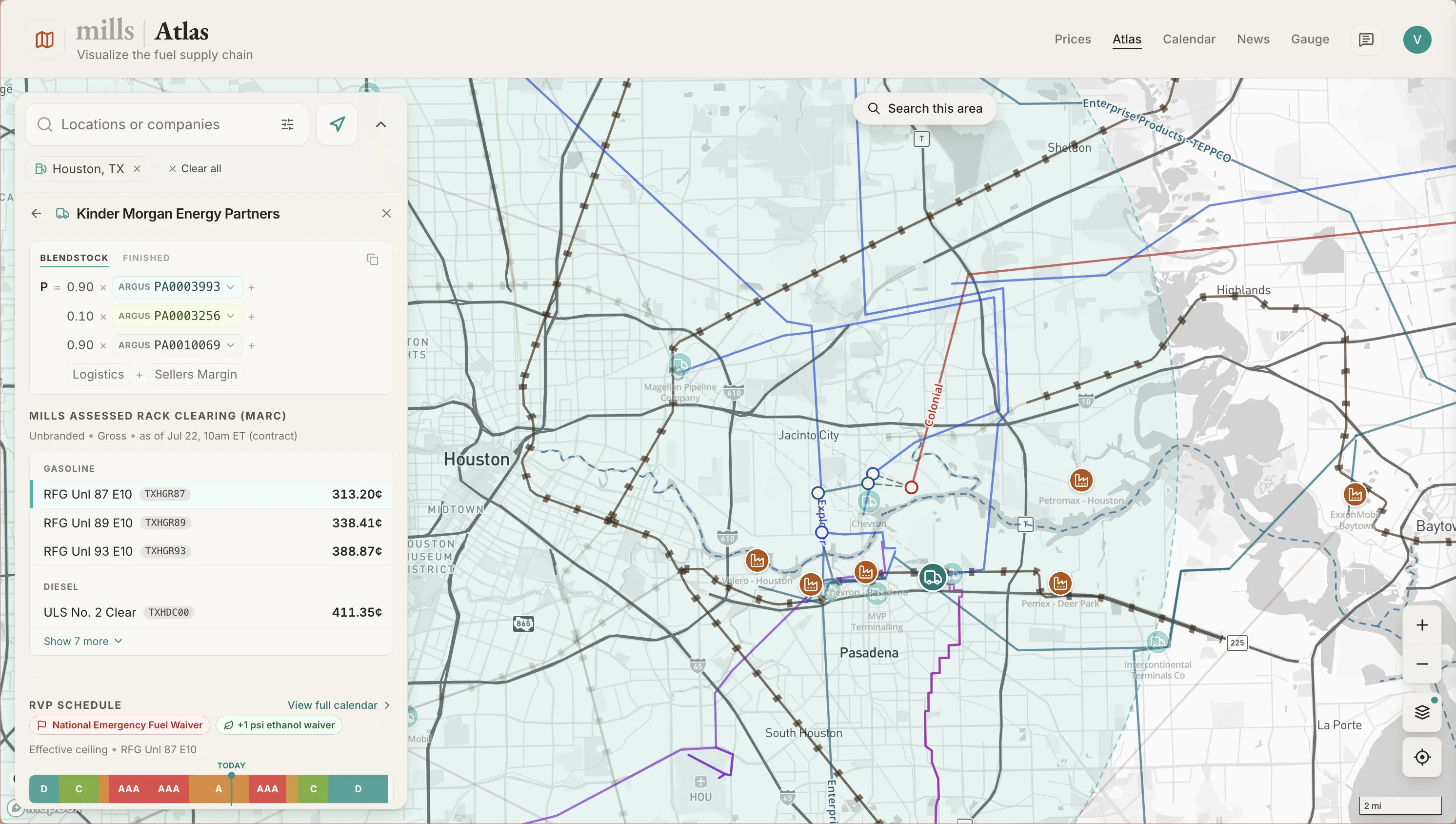 Atlas map of US fuel terminals, pipelines, and spot markets