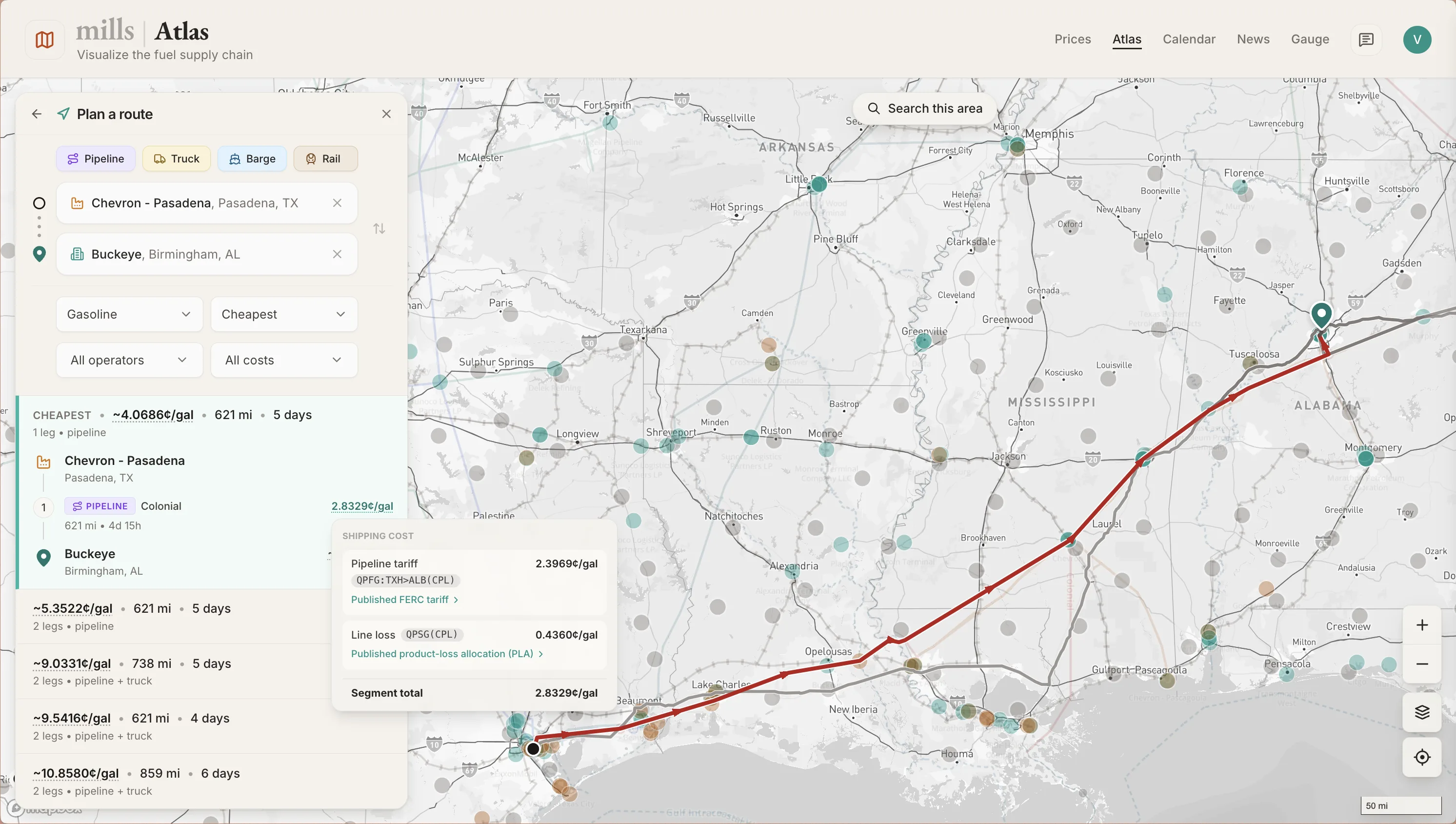The Atlas routing engine — ranked multimodal routes priced leg by leg in cents per gallon