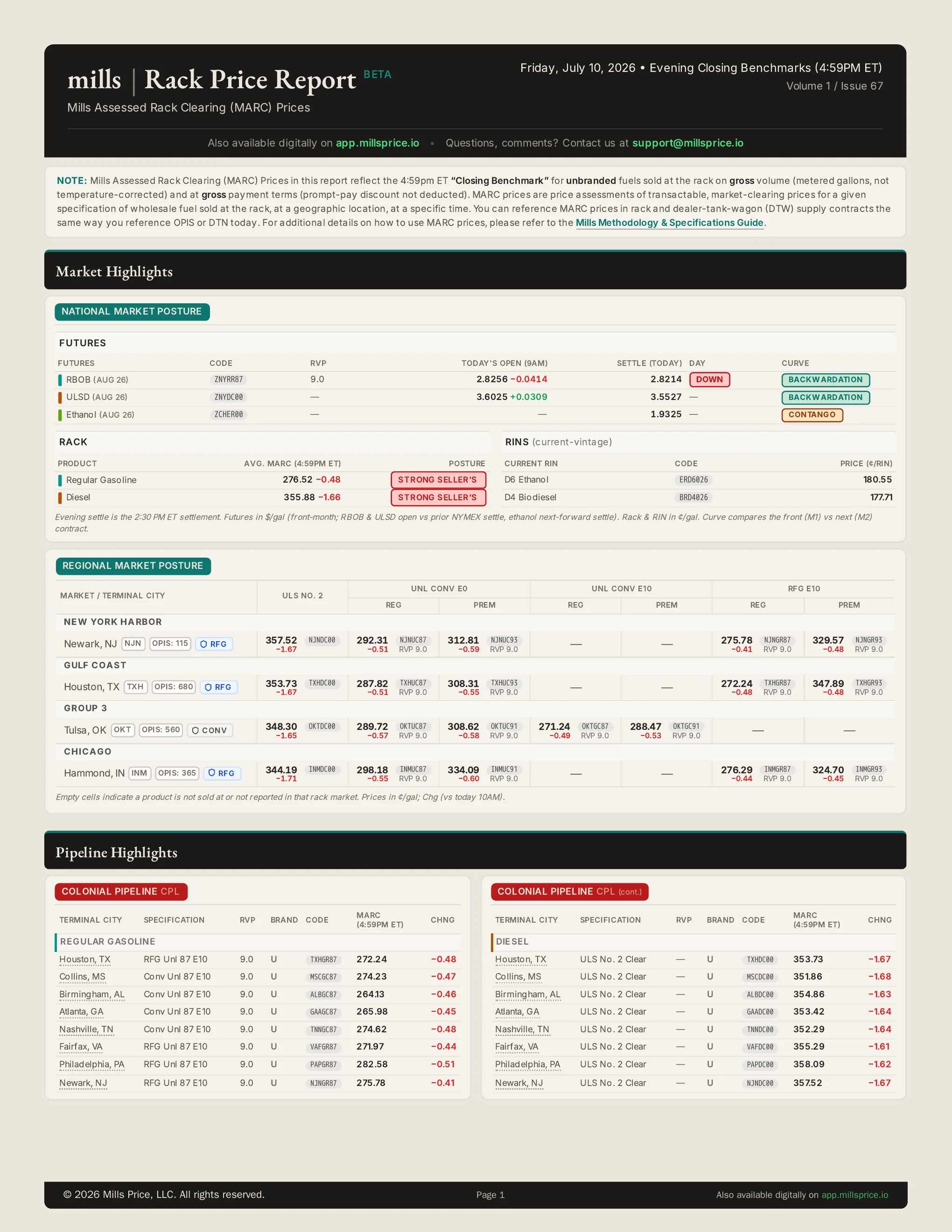 Front page of the Mills Rack Price Report — MARC assessments by rack terminal city